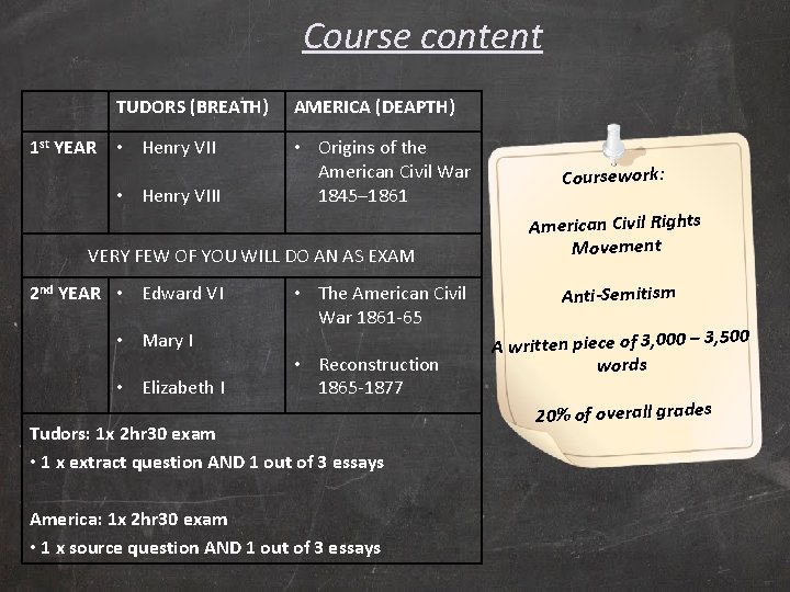 Course content 1 st YEAR TUDORS (BREATH) AMERICA (DEAPTH) • Henry VII • Origins