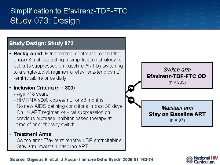 Simplification to Efavirenz-TDF-FTC Study 073: Design Study Design: Study 073 • Background: Randomized, controlled,