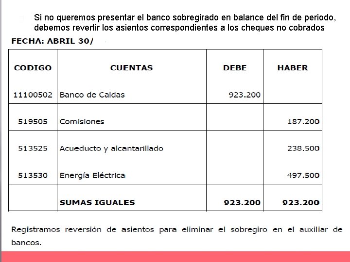 � Si no queremos presentar el banco sobregirado en balance del fin de periodo,