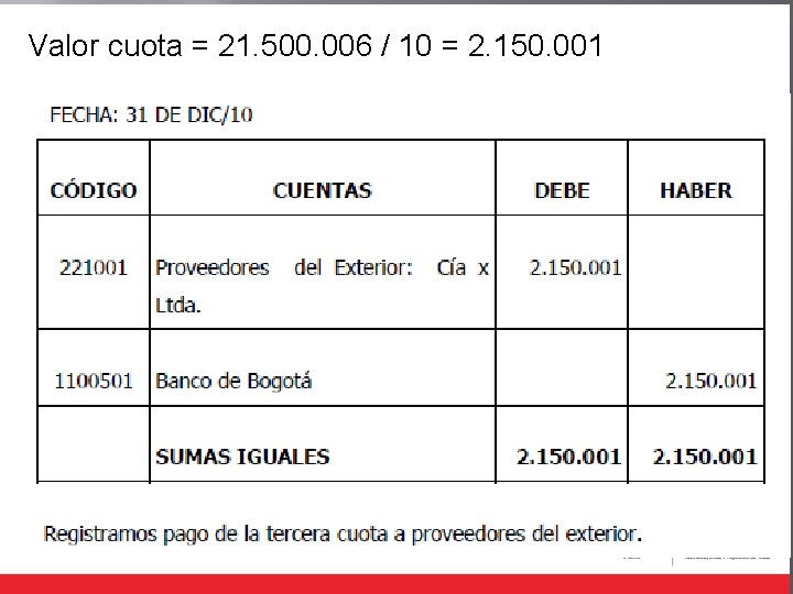 Valor cuota = 21. 500. 006 / 10 = 2. 150. 001 
