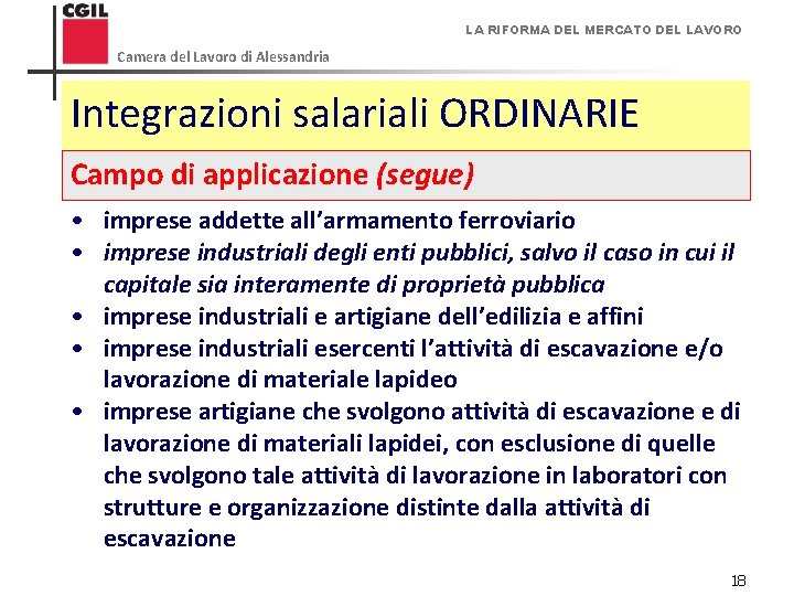 LA RIFORMA DEL MERCATO DEL LAVORO Camera del Lavoro di Alessandria Integrazioni salariali ORDINARIE