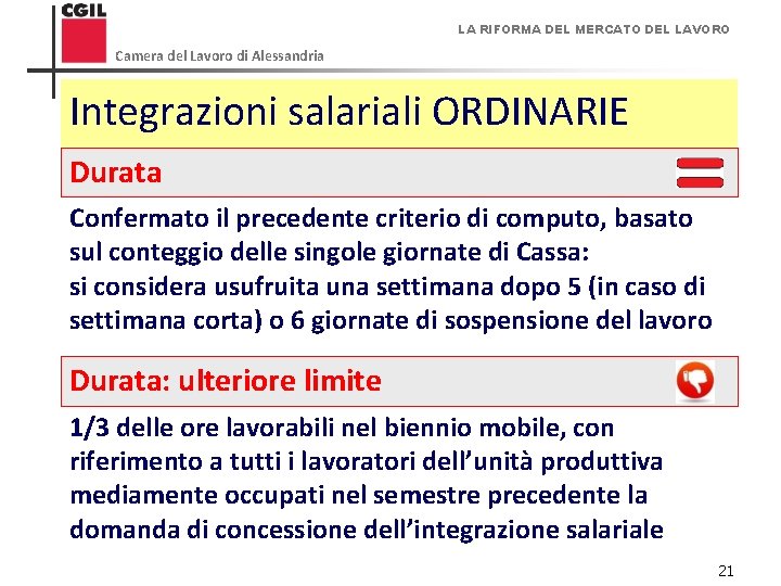 LA RIFORMA DEL MERCATO DEL LAVORO Camera del Lavoro di Alessandria Integrazioni salariali ORDINARIE