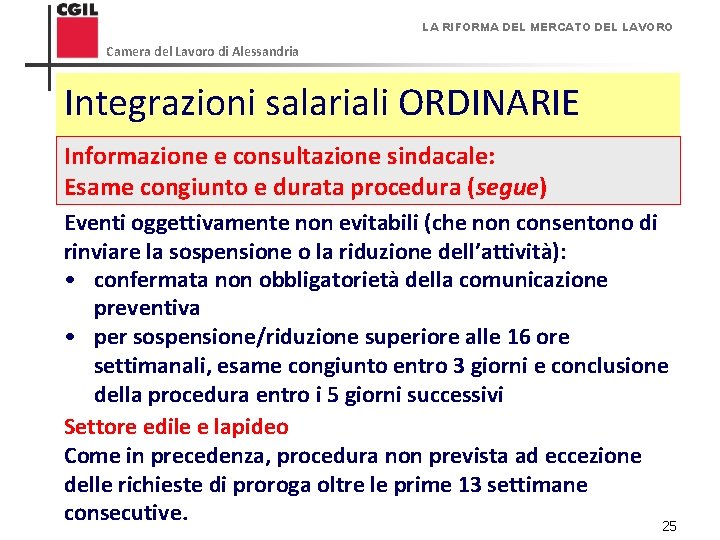 LA RIFORMA DEL MERCATO DEL LAVORO Camera del Lavoro di Alessandria Integrazioni salariali ORDINARIE