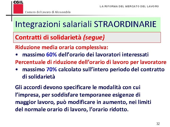 LA RIFORMA DEL MERCATO DEL LAVORO Camera del Lavoro di Alessandria Integrazioni salariali STRAORDINARIE