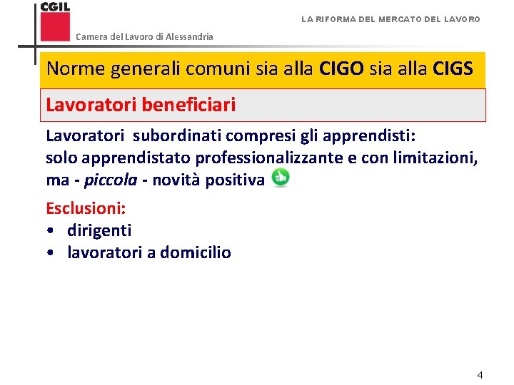 LA RIFORMA DEL MERCATO DEL LAVORO Camera del Lavoro di Alessandria Norme generali comuni