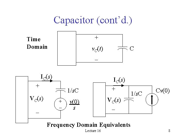 Capacitor (cont’d. ) + Time Domain v. C(t) C – IC(s) + VC(s) –