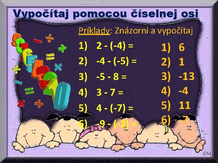 Vypočítaj pomocou číselnej osi Príklady: Znázorni a vypočítaj 1) 2) 3) 4) 5) 6) Vypočítaj pomocou číselnej osi Príklady: Znázorni a vypočítaj 1) 2) 3) 4) 5) 6)