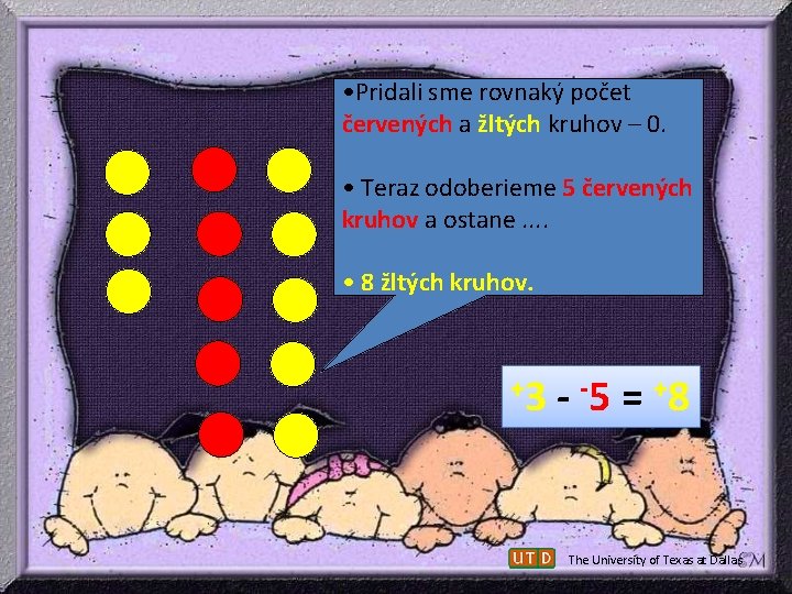 • Pridali sme rovnaký počet červených a žltých kruhov – 0. • Teraz • Pridali sme rovnaký počet červených a žltých kruhov – 0. • Teraz