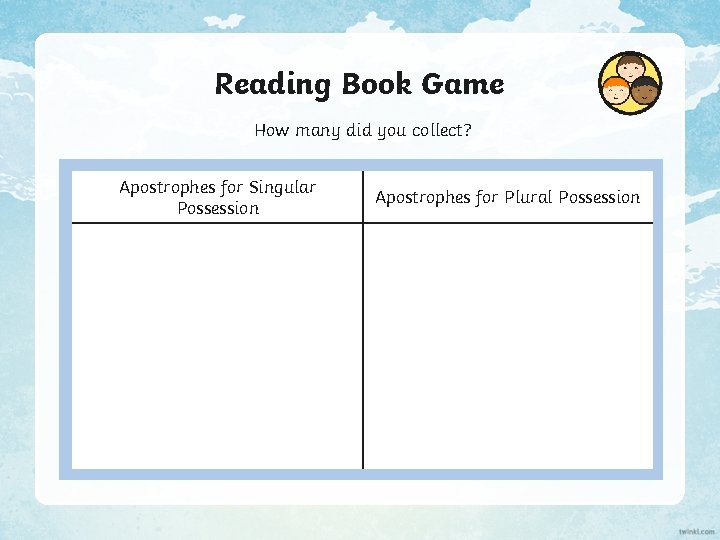 Reading Book Game How many did you collect? Apostrophes for Singular Possession Apostrophes for