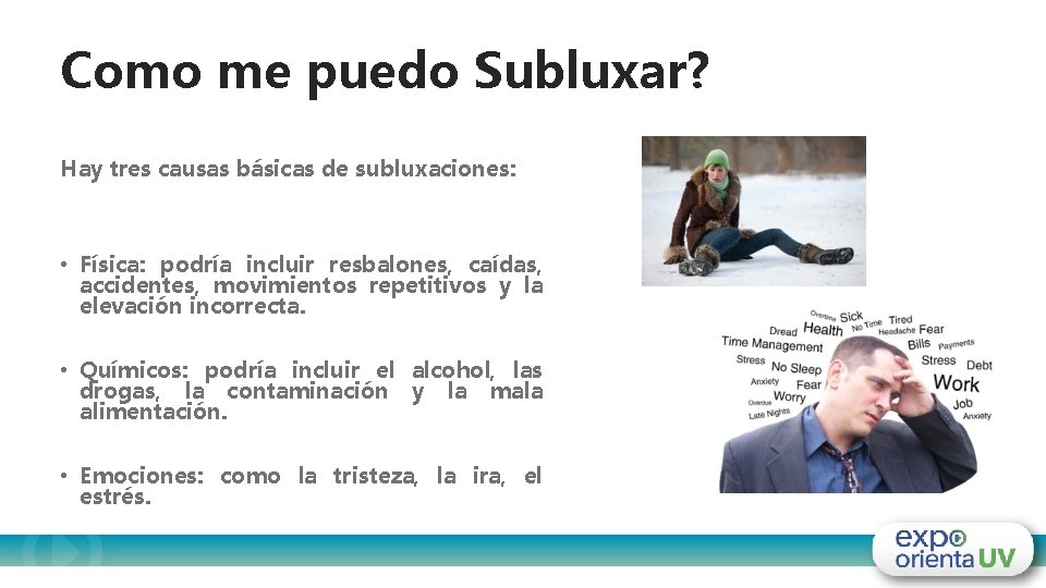 Como me puedo Subluxar? Hay tres causas básicas de subluxaciones: • Física: podría incluir