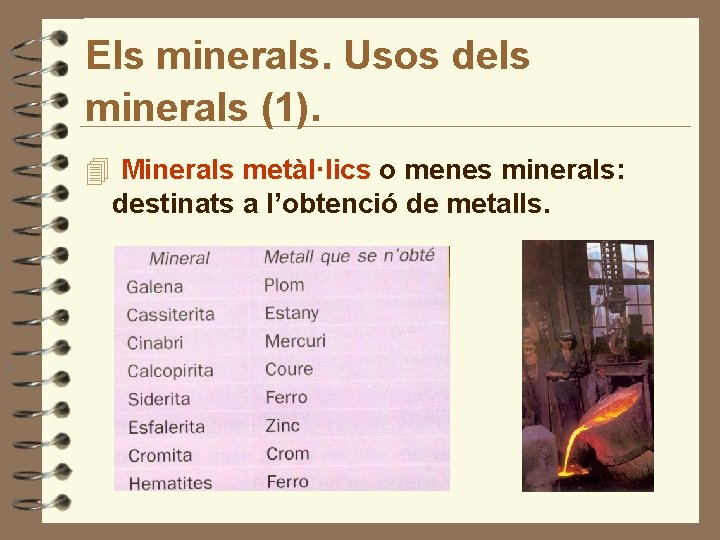 Els minerals. Usos dels minerals (1). 4 Minerals metàl·lics o menes minerals: destinats a