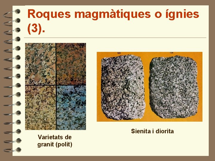 Roques magmàtiques o ígnies (3). Varietats de granit (polit) Sienita i diorita 