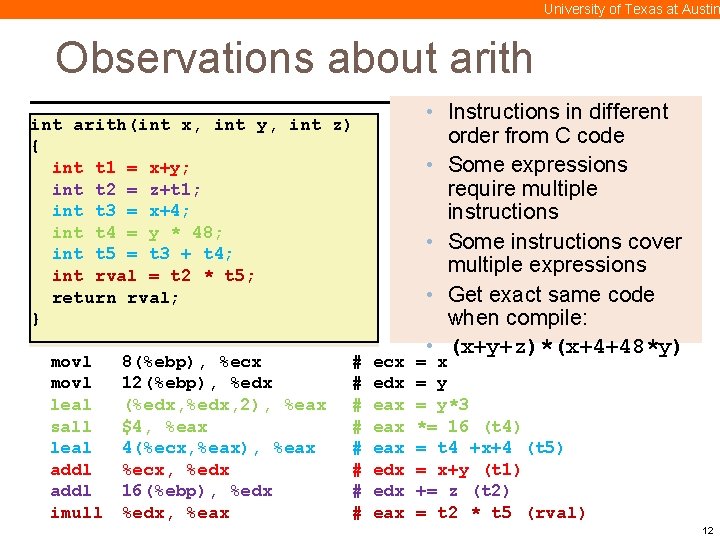 University of Texas at Austin Observations about arith int arith(int x, int y, int