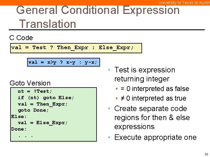 University of Texas at Austin General Conditional Expression Translation C Code val = Test