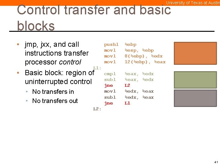 University of Texas at Austin Control transfer and basic blocks pushl • jmp, jxx,