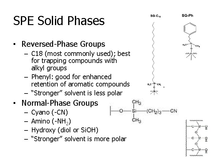 SPE Solid Phases • Reversed-Phase Groups – C 18 (most commonly used); best for SPE Solid Phases • Reversed-Phase Groups – C 18 (most commonly used); best for