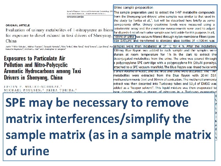 A Few (personally) Relevant Examples SPE may be necessary to remove matrix interferences/simplify the A Few (personally) Relevant Examples SPE may be necessary to remove matrix interferences/simplify the