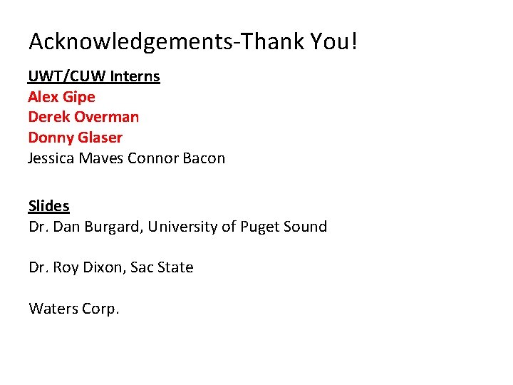 Acknowledgements-Thank You! UWT/CUW Interns Alex Gipe Derek Overman Donny Glaser Jessica Maves Connor Bacon Acknowledgements-Thank You! UWT/CUW Interns Alex Gipe Derek Overman Donny Glaser Jessica Maves Connor Bacon