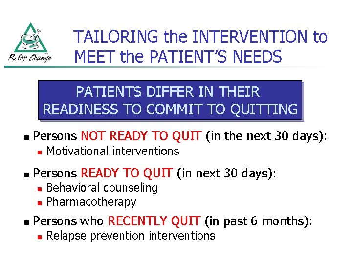 TAILORING the INTERVENTION to MEET the PATIENT’S NEEDS PATIENTS DIFFER IN THEIR READINESS TO