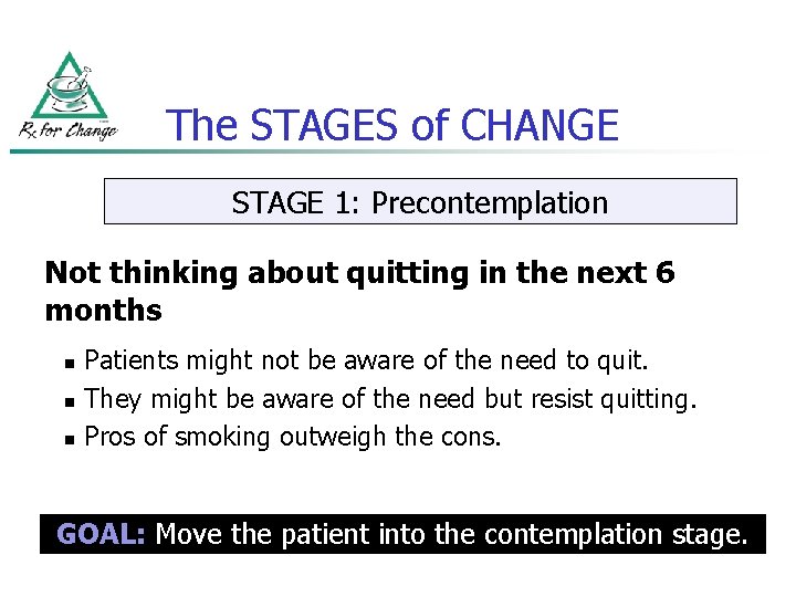 The STAGES of CHANGE STAGE 1: Precontemplation Not thinking about quitting in the next