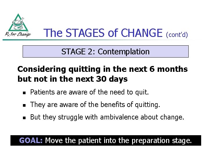 The STAGES of CHANGE (cont’d) STAGE 2: Contemplation Considering quitting in the next 6