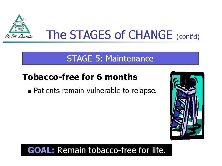The STAGES of CHANGE STAGE 5: Maintenance Tobacco-free for 6 months n Patients remain