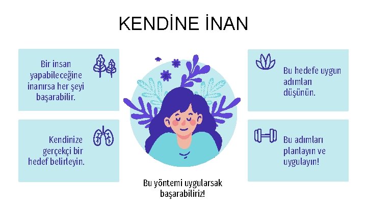 KENDİNE İNAN Bir insan yapabileceğine inanırsa her şeyi başarabilir. Bu hedefe uygun adımları düşünün.