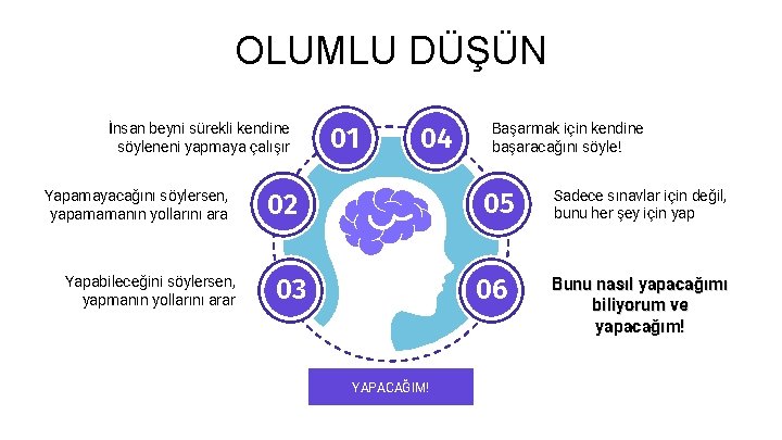 OLUMLU DÜŞÜN İnsan beyni sürekli kendine söyleneni yapmaya çalışır Yapamayacağını söylersen, yapamamanın yollarını ara