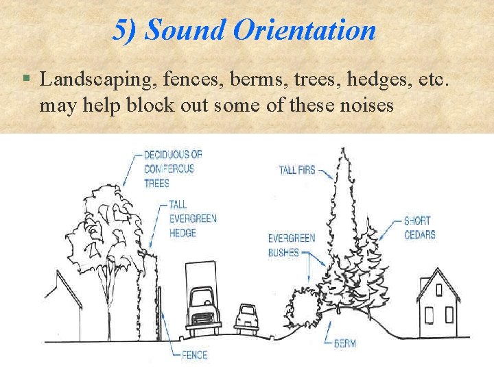 5) Sound Orientation § Landscaping, fences, berms, trees, hedges, etc. may help block out
