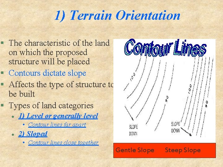 1) Terrain Orientation § The characteristic of the land on which the proposed structure