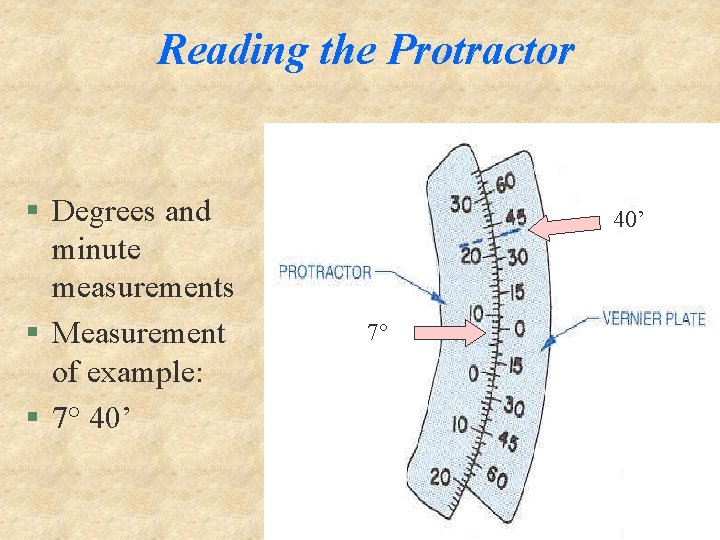 Reading the Protractor § Degrees and minute measurements § Measurement of example: § 7°