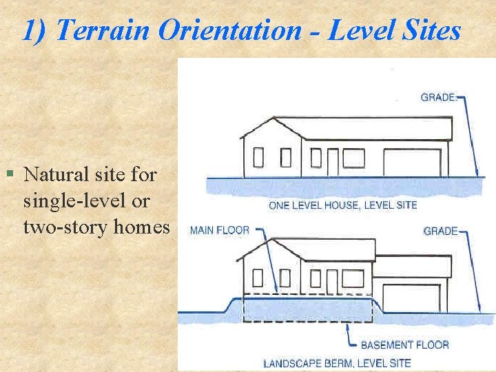 1) Terrain Orientation - Level Sites § Natural site for single-level or two-story homes