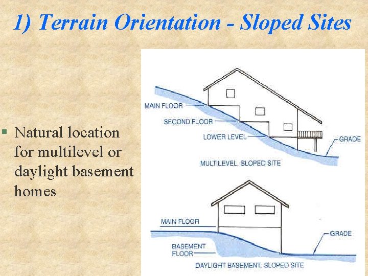 1) Terrain Orientation - Sloped Sites § Natural location for multilevel or daylight basement