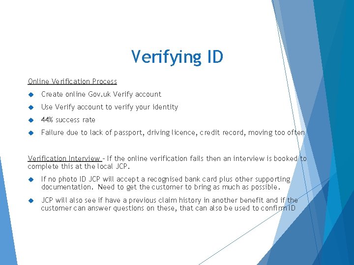 Verifying ID Online Verification Process Create online Gov. uk Verify account Use Verify account