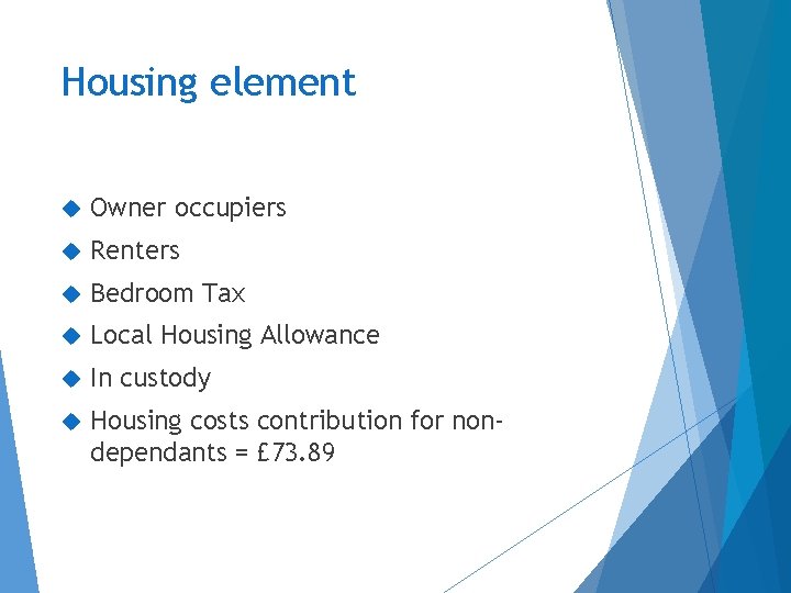 Housing element Owner occupiers Renters Bedroom Tax Local Housing Allowance In custody Housing costs