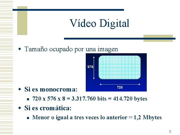 Vídeo Digital w Tamaño ocupado por una imagen w Si es monocroma: n 720