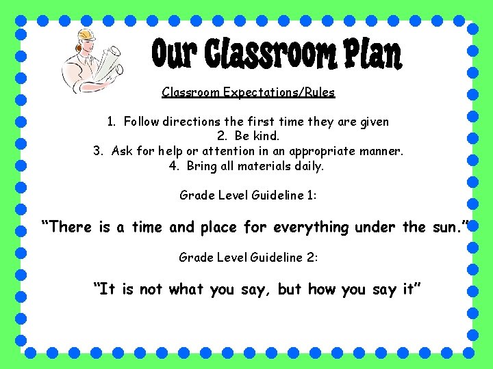 Classroom Expectations/Rules 1. Follow directions the first time they are given 2. Be kind.