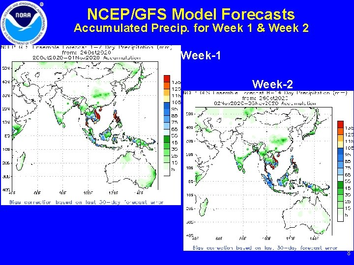 NCEP/GFS Model Forecasts Accumulated Precip. for Week 1 & Week 2 Week-1 Week-2 Processing