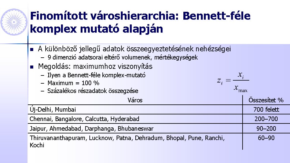 Finomított városhierarchia: Bennett-féle komplex mutató alapján n A különböző jellegű adatok összeegyeztetésének nehézségei –