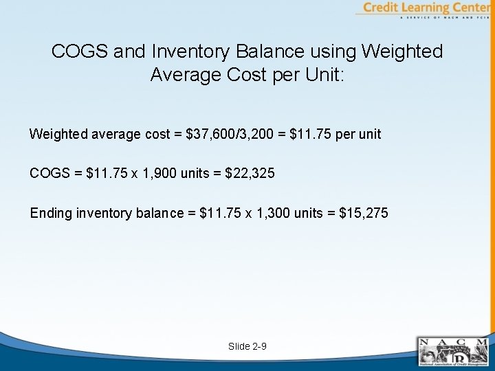 COGS and Inventory Balance using Weighted Average Cost per Unit: Weighted average cost =