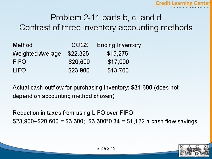 Problem 2 -11 parts b, c, and d Contrast of three inventory accounting methods