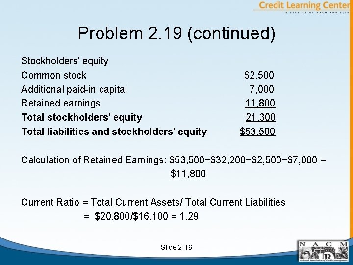 Problem 2. 19 (continued) Stockholders' equity Common stock Additional paid-in capital Retained earnings Total