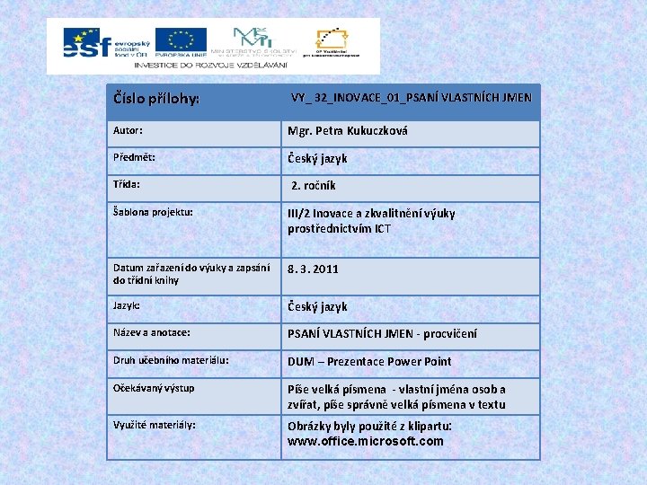 Číslo přílohy: VY_ 32_INOVACE_01_PSANÍ VLASTNÍCH JMEN Autor: Mgr. Petra Kukuczková Předmět: Český jazyk Třída: