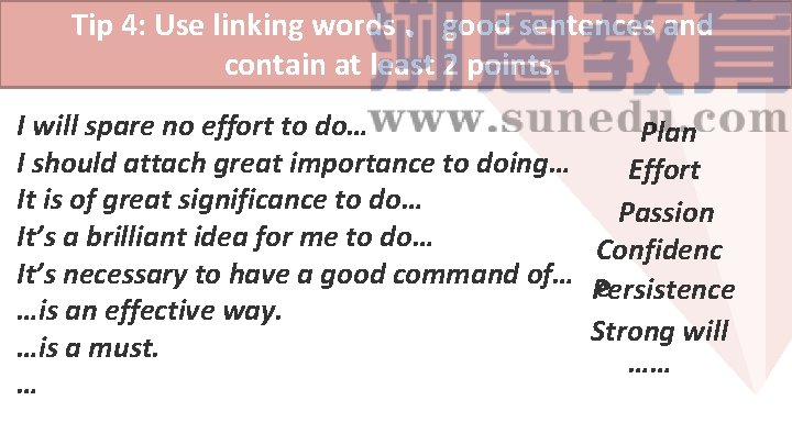 Tiphow 4: Use linking words Body: to realize dreams、 good sentences and contain at