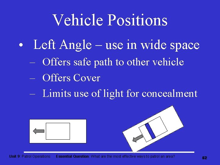 Vehicle Positions • Left Angle – use in wide space – Offers safe path