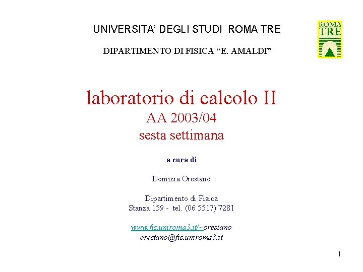 UNIVERSITA’ DEGLI STUDI ROMA TRE DIPARTIMENTO DI FISICA “E. AMALDI” laboratorio di calcolo II