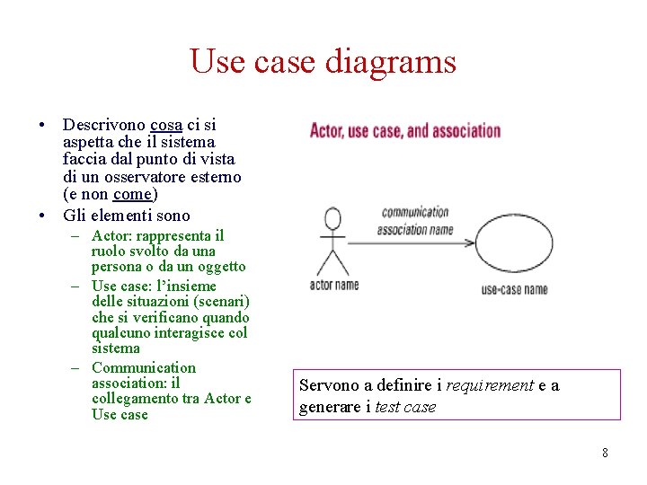 Use case diagrams • Descrivono cosa ci si aspetta che il sistema faccia dal