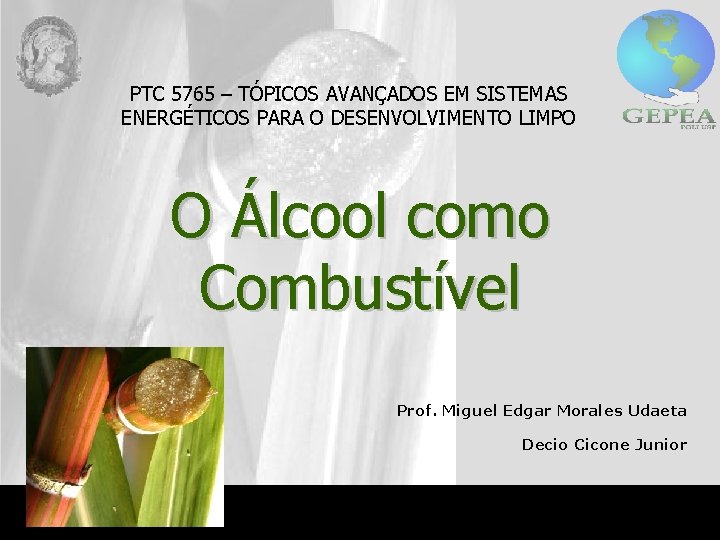 PTC 5765 – TÓPICOS AVANÇADOS EM SISTEMAS ENERGÉTICOS PARA O DESENVOLVIMENTO LIMPO O Álcool