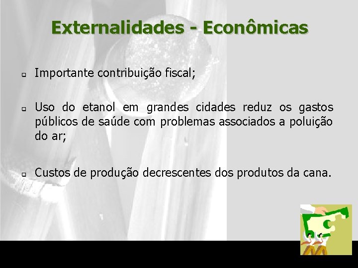 Externalidades - Econômicas q q q Importante contribuição fiscal; Uso do etanol em grandes