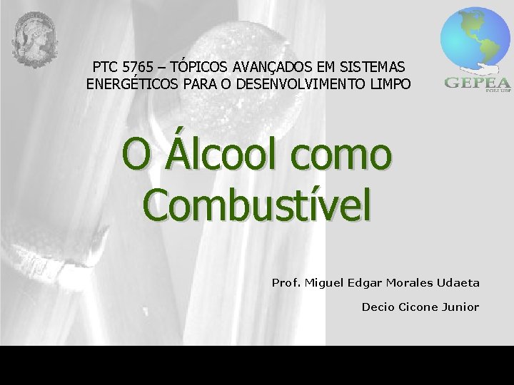 PTC 5765 – TÓPICOS AVANÇADOS EM SISTEMAS ENERGÉTICOS PARA O DESENVOLVIMENTO LIMPO O Álcool